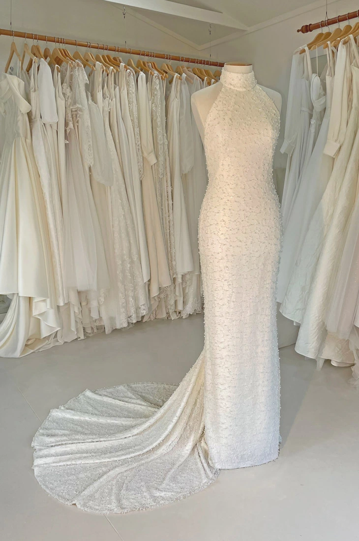 High neck wedding dress with column silhouette and train, Auckland, NZ.