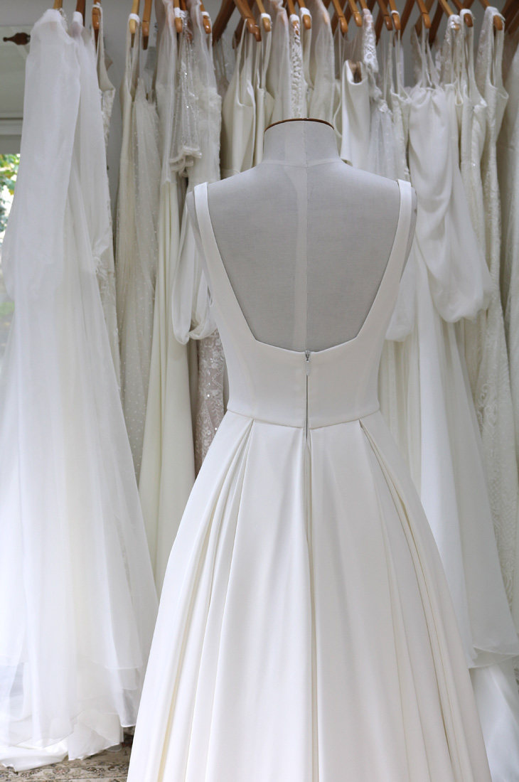 classic wedding dress, fitted bodice, square back neckline, a-line skirt