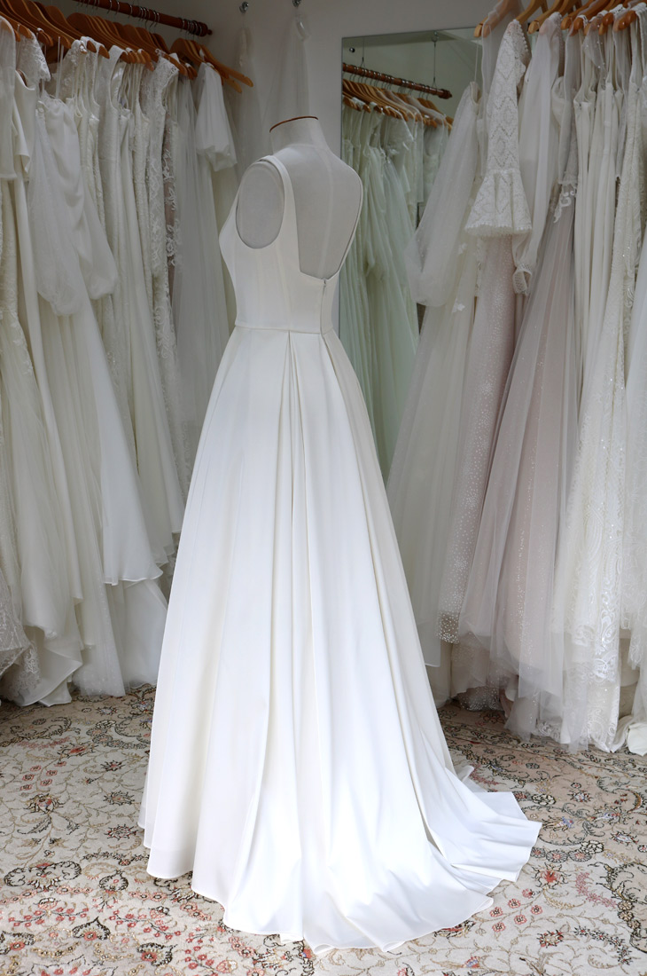 classic wedding dress, square back neckline, fitted bodice, a-line skirt