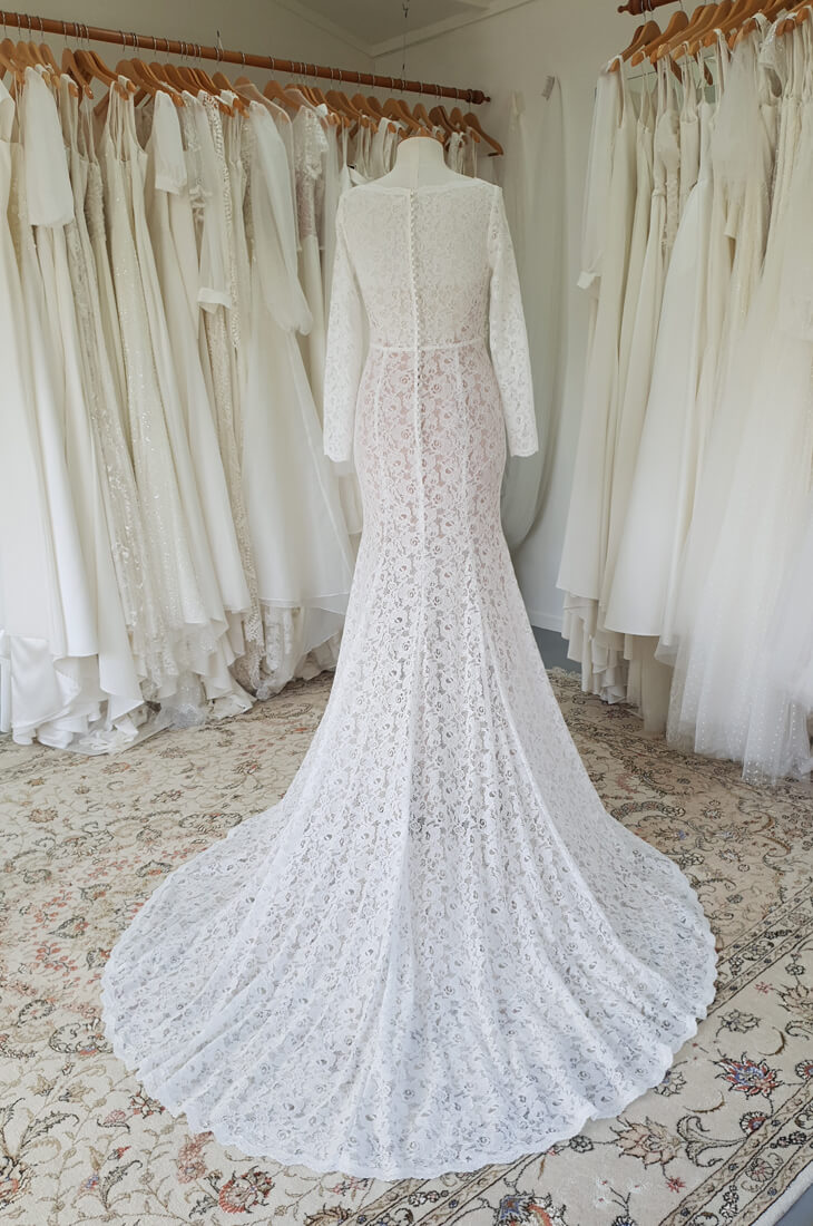 lace wedding dress, back pearl buttons, nude lining, long sleeves