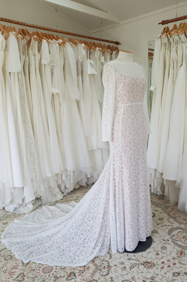 lace wedding dress, nude lining, long sheer sleeves