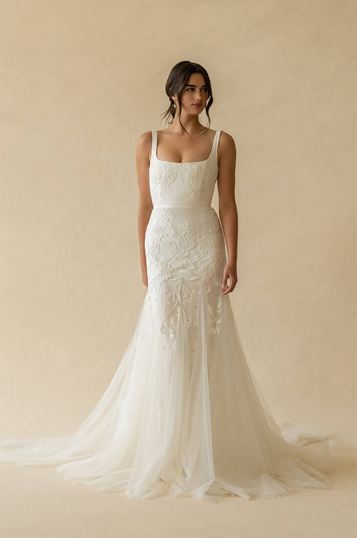 Romantic square neck wedding dress with tulle inserts. Marcelle, by Alexandra Grecco.