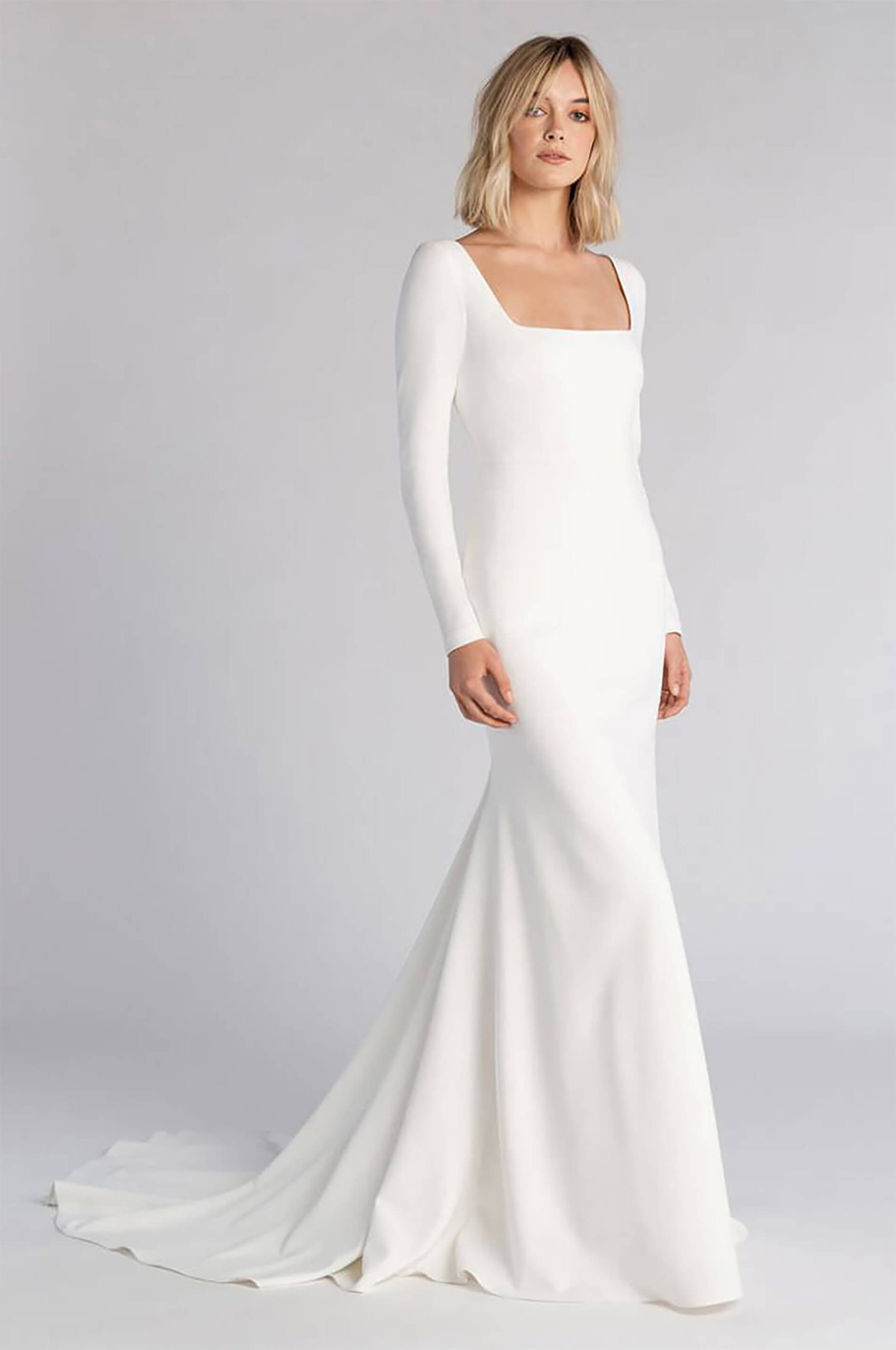 Long sleeve crepe wedding dress with square neckline. Sabel by Jenny Yoo.