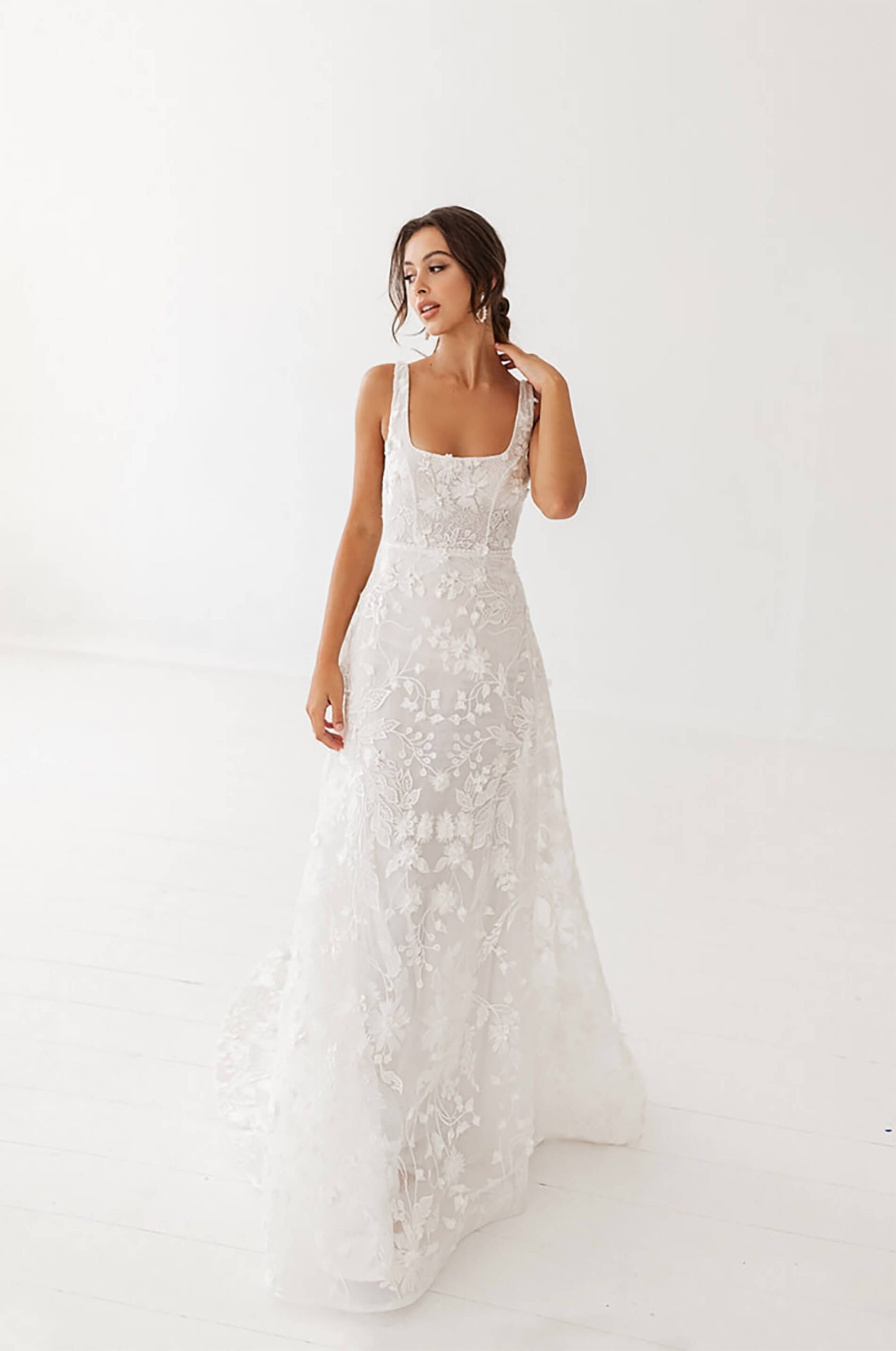 Ethereal lace wedding dress with square neckline. Dreamer by Cherie Oui.
