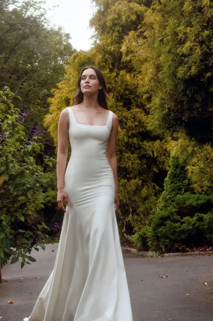 NZ designer wedding dress, simple fit & flare, by Anna Schimmel Bridal.