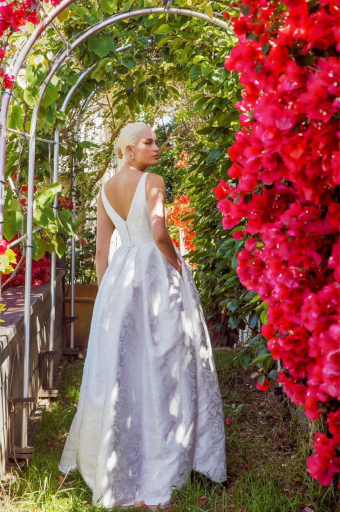 Brocade bridal gown with box pleated skirt, Auckland, NZ.