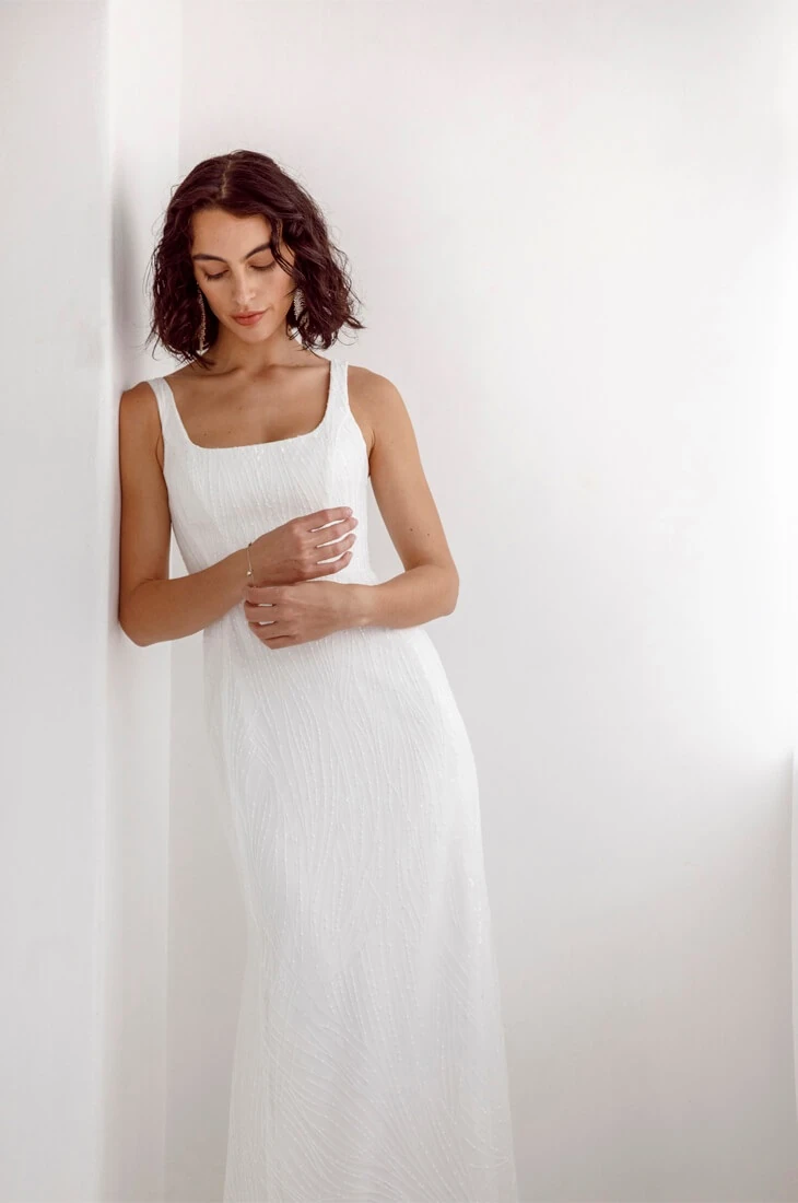 Simple NZ designer wedding dress in sparkly lace, Auckland.