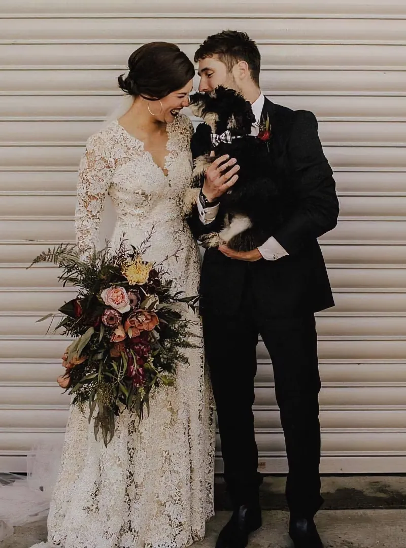 Boho-inspired long sleeve wedding dress in guipure lace with a nude lining, styled for effortless modern NZ brides.