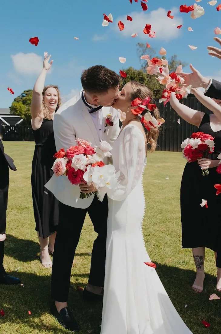 Modern long sleeve wedding dress with pleated tulle, Anna Schimmel, Auckland, NZ.