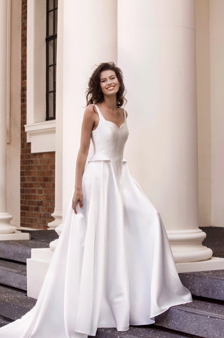Satin A-line wedding dress with straps, Auckland, NZ.